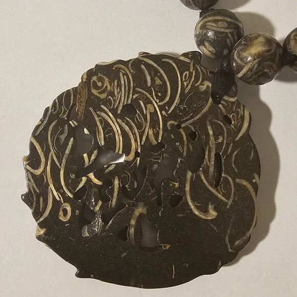Shell Fossil Beaded Necklace, Dragon Carved Pendant, Strand Dark Stone - Picture 4 of 6
